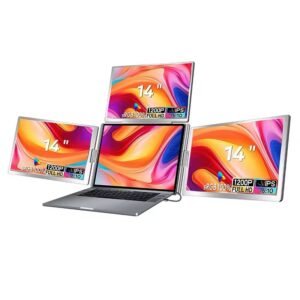 شاشات ثلاثية 14 بوصة من ماركة  FOPO المحمولة لتوسيع شاشة اللابتوب – نظام عرض رباعي FHD 1080P بكابل واحد ومتوافقة مع ويندوز وماك