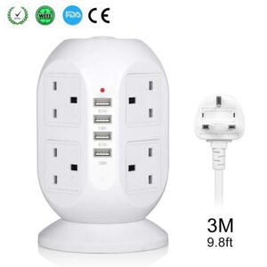 سيار كهرباء  بشكل برجي lngxUK بطول كيبل 3 أمتار – 8 منافذ + 4 USB