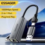 ⁦محول Essager إيثرنت 2 في 1 USB-A/Type-C إلى RJ45 – سرعة جيجابت 1000Mbps واتصال ثابت⁩ - الصورة ⁦2⁩