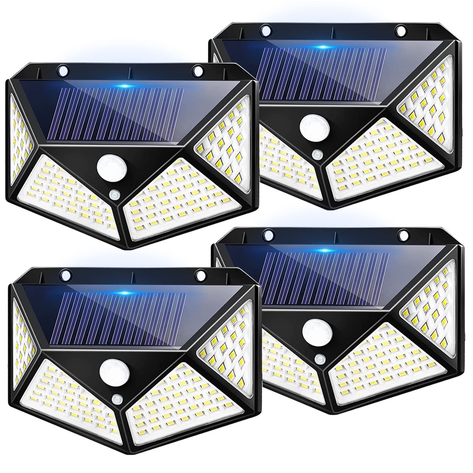 img_4046.jpeg مصابيح LED خارجية تعمل بالطاقة الشمسية مع مستشعر حركة، 3 اوضاع يحتوي المصباح الواحد 100 LED، اضاءة 270 درجة للحديقة او الممر - الصورة 1