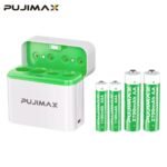 بطاريات وشاحن بطاريات PUJIMAX رباعي الفتحات مع بطاريات قابلة لإعادة الشحن – 1.2 فولت Ni-MH لبطاريات AA وAAA بحماية ذكية
