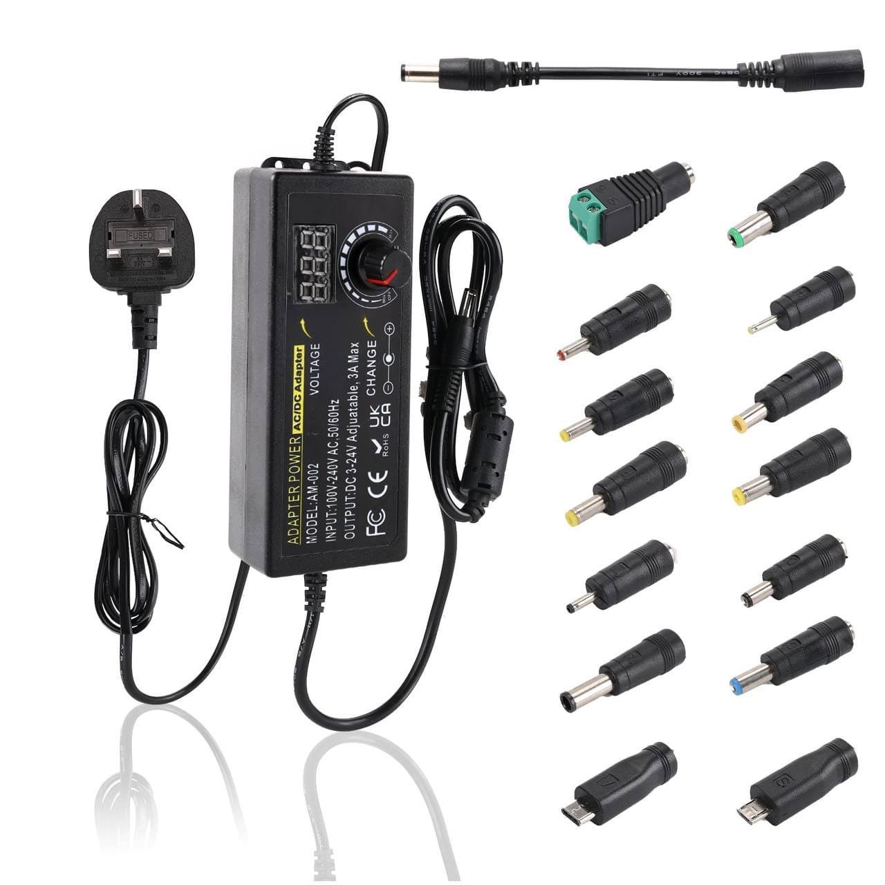 img_6780.jpeg 🔌 شاحنة جوكر متعددة الاستخدامات من 3 إلى 24 فولت – 72 واط / 3 أمبير مع شاشة LED و14 رأس توصيل - الصورة 1