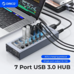 موزع USB 3.0 من ORICO AT2U3-7AB – 7 منافذ مع مفاتيح تحكم مستقلة