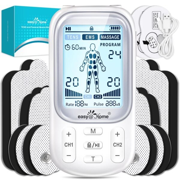 جهاز TENS EMS الكهربائي لتدليك العضلات وتخفيف الألم، بقناتين و24 وضعًا و16 وسادة قطب كهربائي