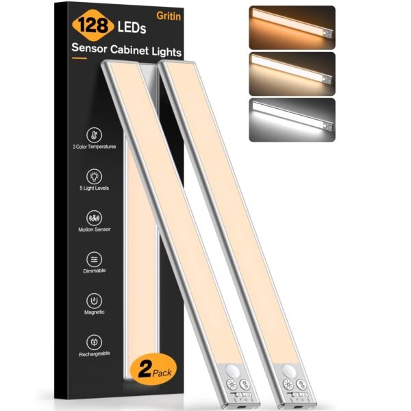 مصابيح Gritin LED قابلة لإعادة الشحن أسفل الخزائن، عبوة من قطعتين مع مستشعر حركة