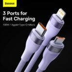 ⁦Baseus Flash Series II كابل شحن ثلاثي بسعة طاقة تصل إلى 100 واط، بطول 1.2 متر – بنفسجي⁩ - الصورة ⁦3⁩